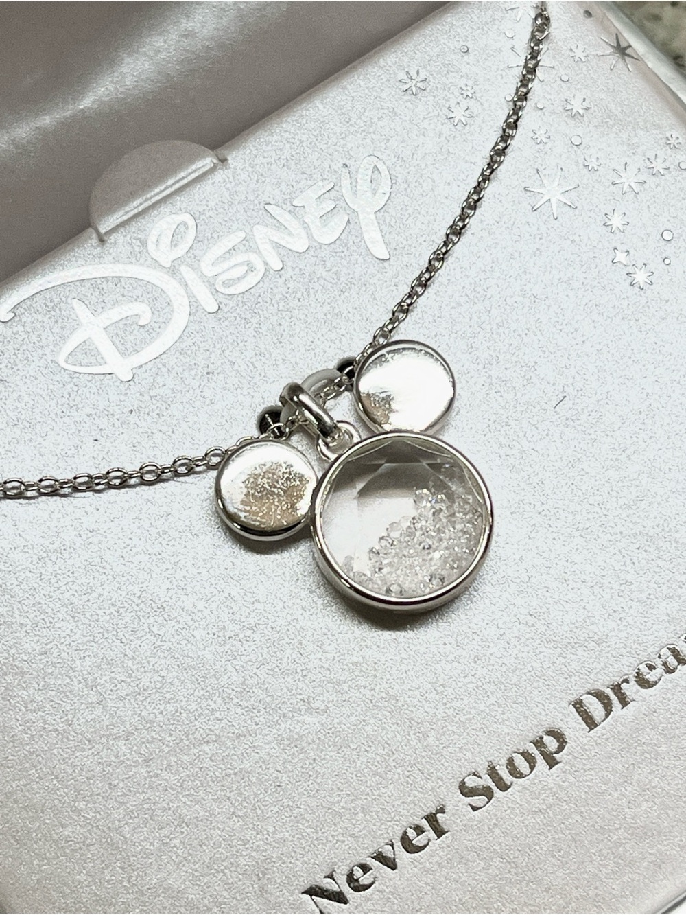 Disney Mickey Mouse Silver Plated Floating Crystal Pendant Necklace in Box NWT